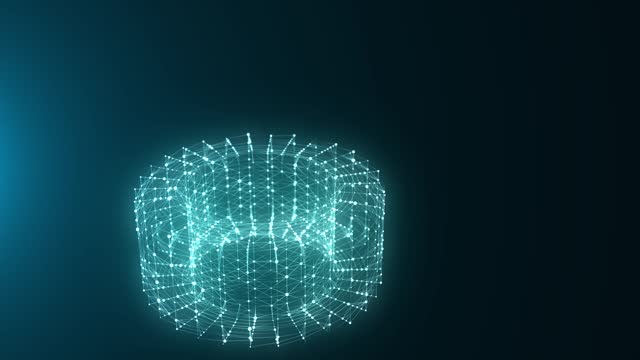 3D futuristic geometric shape with blue dots and lines. Structure technology network connection. Abstract wireframe twist form. Ai in dark cyberspace background. 3D rendering.