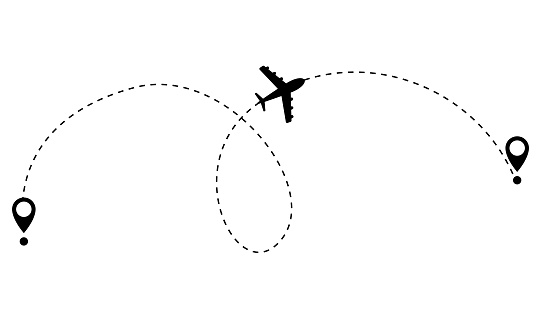 Airplane dotted route line. Path travel line shape. Flight route with start point and dash line trace for plane isolated vector illustration.