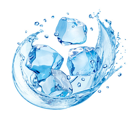 Water splash with ice cubes isolated on white background with clipping path