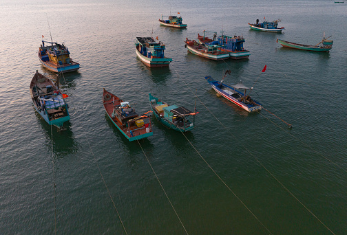 Aerial photo of boats moored on the seashore, Ha Tien bay, Ha Tien beach, Kien Giang province