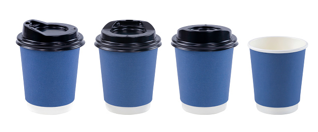 Group of Empty paper cup for coffee made from biodegradable blue paper isolated on a white background with clipping path. Isolated object, template for advertising.