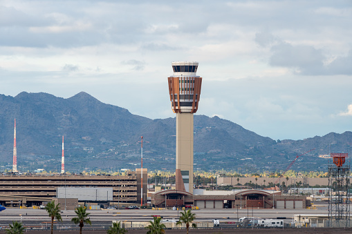 Phoenix, Arizona - December 23, 2023: Air Traffic Control tower at Phoenix Sky Harbor International Airport
