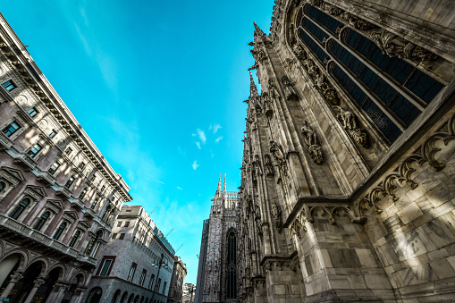 The Side Of Duomo And Its Statues In Milan, Italy