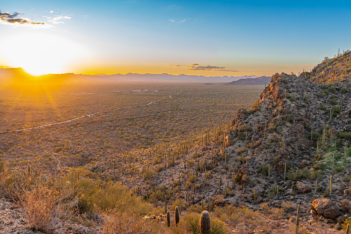 Colorful and beautiful sunset over Gates Pass, Tucson, AZ, with saguaro and cholla cactus