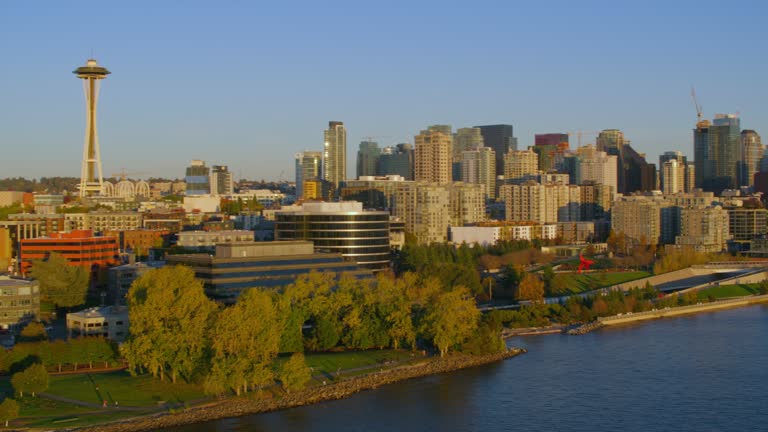 AERIAL Above the Alaskan Way along the Seattle Waterfront at sunset