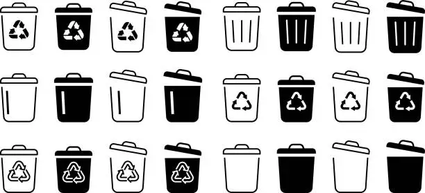 Vector illustration of Vector Monochrome Recycling Symbol and Trash Bin Icon Set