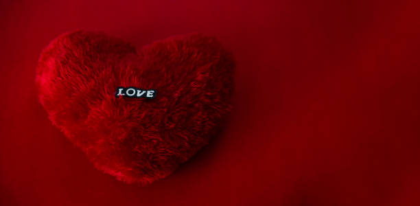Valentines day background 2024, heart shape fur pillow isolated on dark red colour with copy space for greeting text, Love and romance concept background, Wedding anniversary and birthday invitation