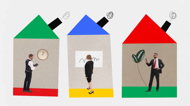 istock Modern aesthetic artwork. Three different houses with different people who working or studying online, in distance. 1975146681