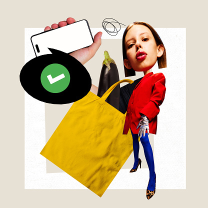 Contemporary art collage. Woman in red jacket and blue leggings holds up smartphone, eggplant peeks from yellow tote, and speech bubble with check mark. Concept of business, finance, sales season.