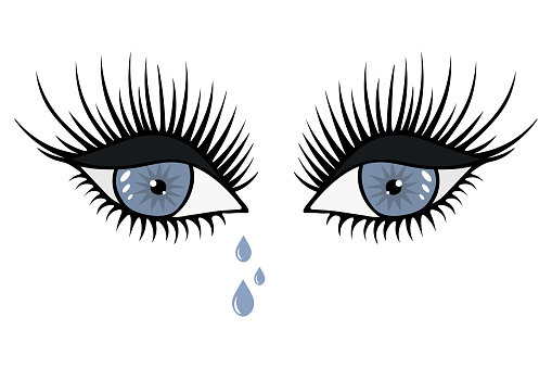 Tears are dripping from blue eyes. Gray shadows on half-closed eyelids. Smokey eye. Crying look. Lush black eyelashes. White highlights on the iris and pupil. Color vector illustration. Cartoon style. Isolated background. Idea for web design.