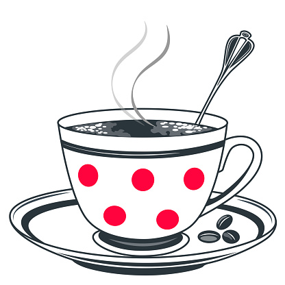 Coffee hot drink cup with red polka dots on a saucer with beans isolated vector image