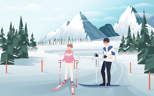 Prepared track or route for winter sports with skier and snowboarder vector illustration with snowy mountain with evergreen forest landscape