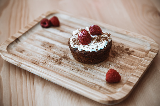 Muffin With Whipped Cream, Cinnamon And Raspberries - The Perfect Dessert