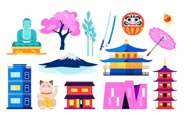 illustrazioni stock, clip art, cartoni animati e icone di tendenza di valori tradizionali del giappone - set di oggetti in stile design piatto - kinkaku ji temple
