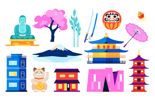 Traditional Values of Japan - flat design style objects set. High quality colorful images of buddha statue, mount fujiyama, sakura and bamboo, shinto shrine and modern architecture, daruma doll