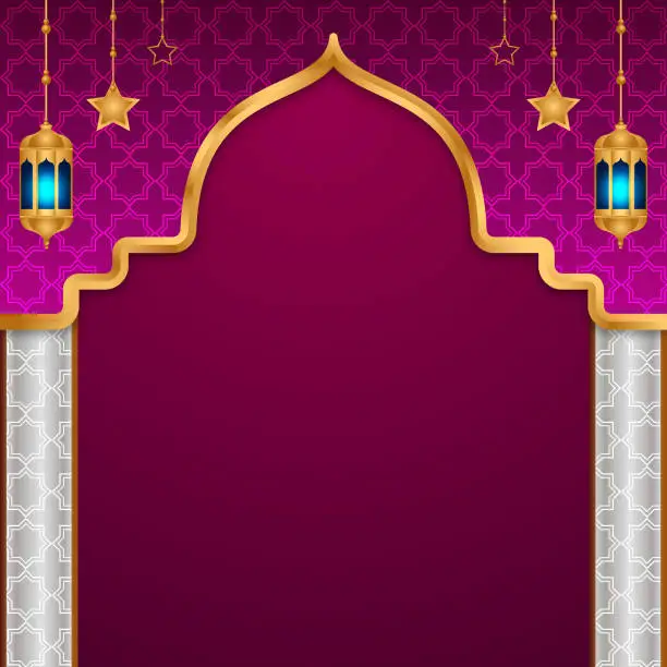 Vector illustration of Arabic Luxury Arabic Islamic Ornamental Dark Background with Islamic Pattern and Lanterns