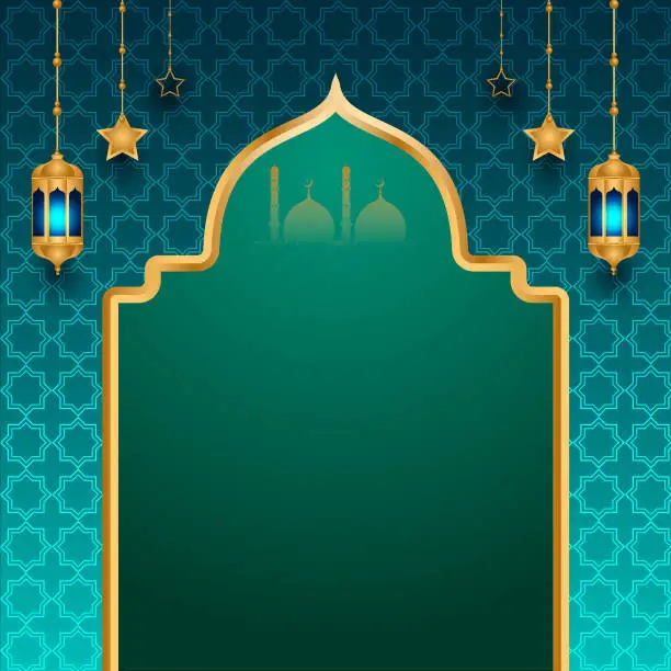 Vector illustration of Arabic Luxury Arabic Islamic Ornamental Dark Background with Islamic Pattern and Lanterns