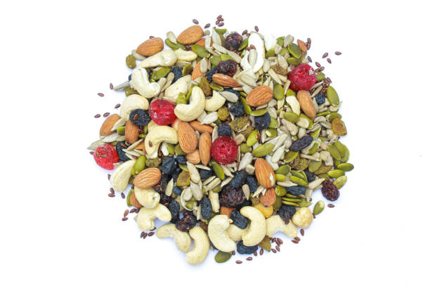 istock Trail mix nuts and seeds on white background top view 1975242336