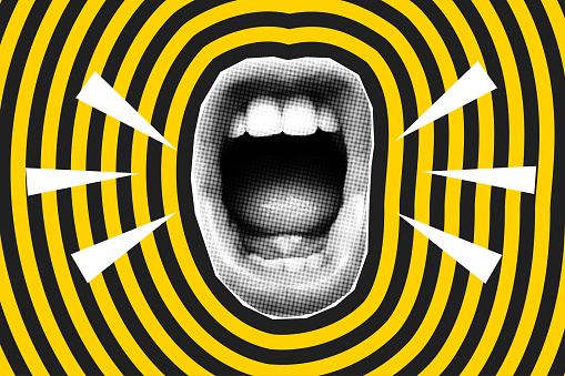 Open screaming mouth in halftone style. Magazine cut out element on a hypnotic black and yellow striped background.