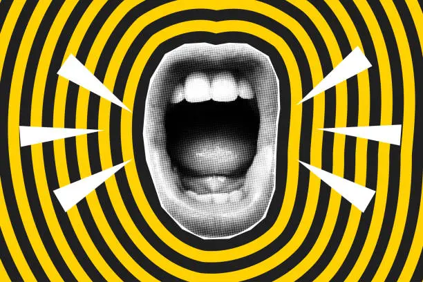 Vector illustration of Open screaming mouth in halftone style
