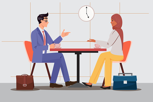 Diverse Professionals Engage in Dialogue, Reflecting Harmony in the Workplace Over a Shared Coffee Moment. Business, diversity, teamwork concept illustration