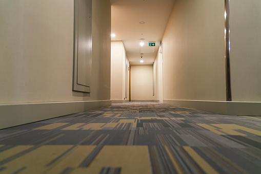 Elevator vestibule and eerie, long hallway in a business hotel in Belgium
