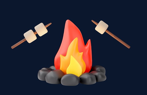 Burning bonfire or campfire laid cobblestones, flame. Frying marshmallows on the sticks. 3D realistic plasticine texture. Camping, picnic, tourism concept. Vector render illustration on black