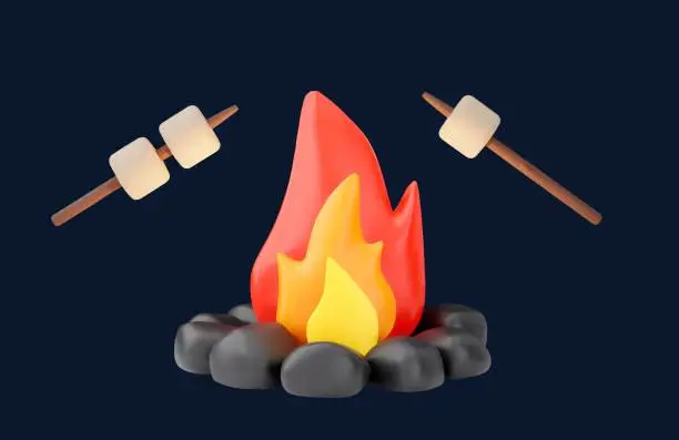 Vector illustration of Burning bonfire or campfire laid cobblestones flame, frying marshmallows on the sticks, vector 3d realistic camping