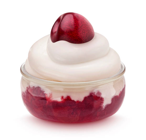 Glass jar of yogurt with cherry jam isolated on white background
