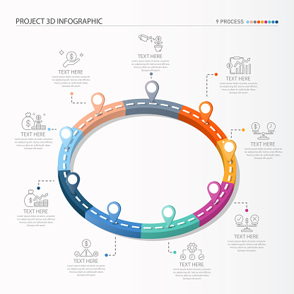 3D Road way infographic circle of 9 steps and business icons for Business process steps.