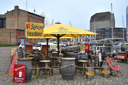 Stralsund, Germany - April 14, 2023: Street bar is closed at old town of Stralsund. The historic Stralsund old town island is a UNESCO World Heritage Site