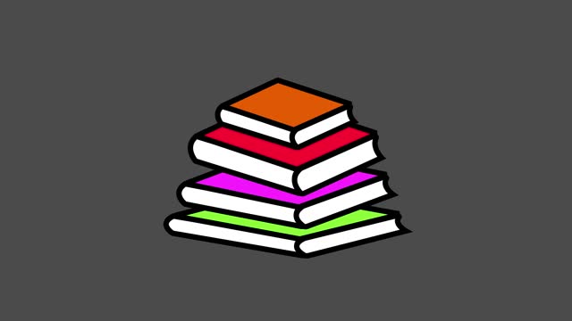 Stack of colorful books animated on a grey background.