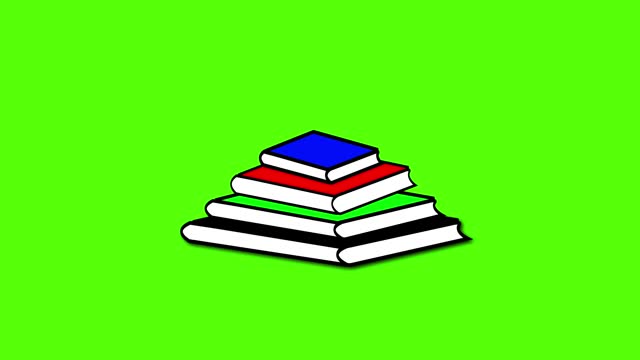 Stack of colorful books animated on a green background.