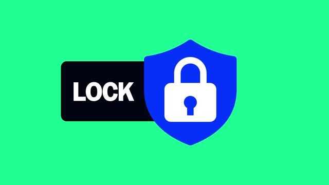 Digital security concept with padlock icon on shield and LOCK text animated on a green background.