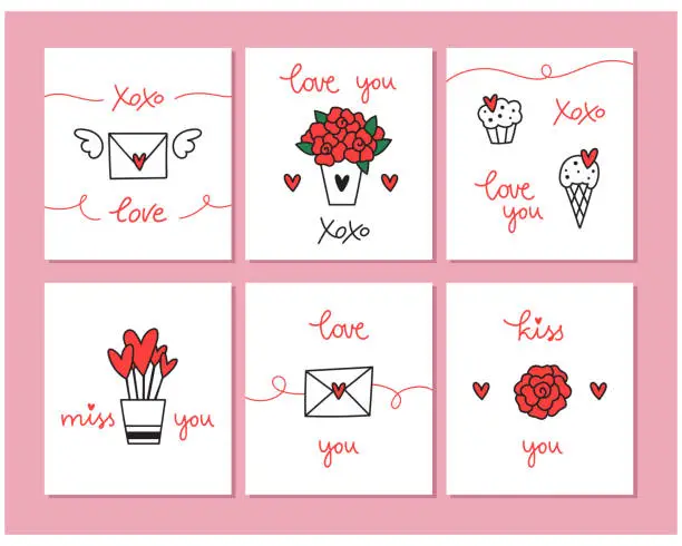 Vector illustration of Set of hand-drawn vector doodle cards with love theme concept.