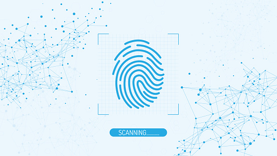 Fingerprint scanning system screen on a on blue abstract molecules background.