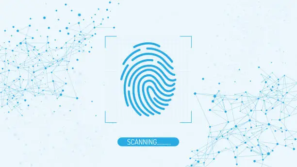 Vector illustration of Fingerprint scanning on blue abstract molecules background