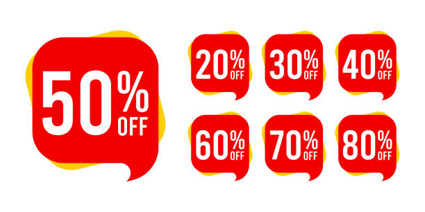 ilustrações de stock, clip art, desenhos animados e ícones de sale discounts label starting from 20, 30, 40, 50, 60, 70, 80 percent. trendy red sales promotion banner element. vector illustration - bubble large percentage sign symbol