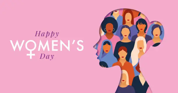 Vector illustration of Happy Womens Day. Woman head paper cut card.