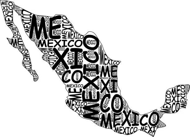 Vector illustration of MAP OF MEXICO COLOR TYPOGRAPHIC MAP