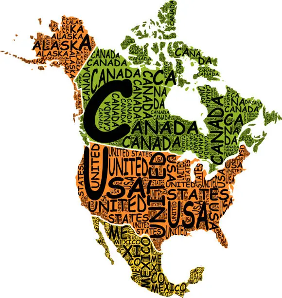 Vector illustration of typographic vector map of Canada and the United States