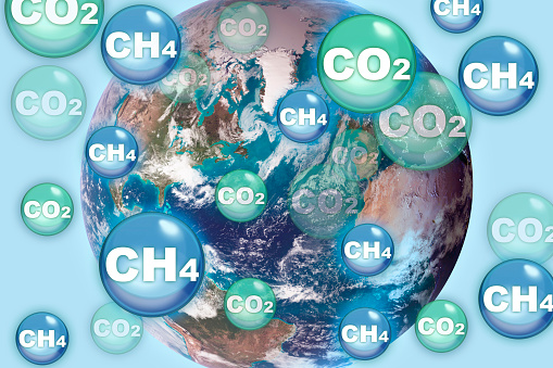 CO2 Carbon Dioxide and CH4 gas methane emissions, the two main causes of global warming - concept with image from NASA\n- Photo composition with image from NASA.\n- The image of the planet Earth has been taken from the NASA archives.\n- Source of the map: http://www.flickr.com/photos/gsfc/6760135001/\n- Image created by software Adobe Photoshop\n- File created in: 24-01-2022