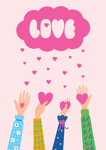 Many hands holding stylized hearts. harity. Donation.Flat design, vector cute illustration. Poster.