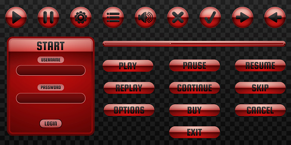 Red Glossy Game Menu Interface Buttons And Panels Gui Elements Set For ...