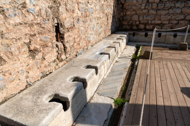 public toilets in ephesus ancient city - toilet public restroom ephesus history imagens e fotografias de stock