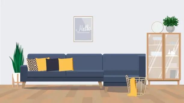 Vector illustration of Interior design of a Scandinavian living room with a sofa and a wooden cupboard.