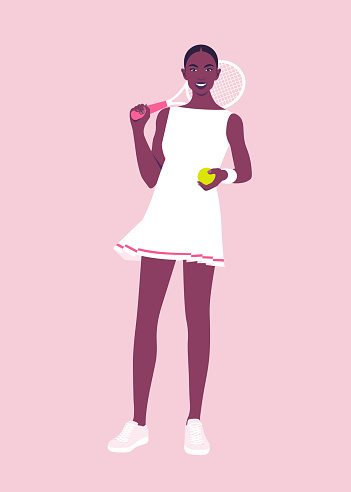 A young African woman is posing with tennis racket and ball. A teen player in full body. Healthy lifestyle, fitness, sport. Vector flat illustration