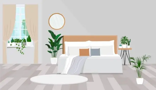 Vector illustration of Illustration of a Scandinavian bedroom interior with plants on the window.