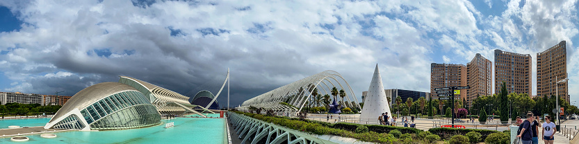 Valencia, Spain - August 8, 2021: Panoramic view of most of the buildings of the City of the Arts and the Sciences.  This is the most important tourist attraction in the city with lots of visitors every year. The project began its construction in July 1996