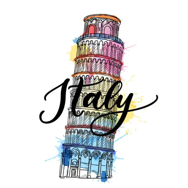 Vector illustration of Travel to Italy poster, greeting card, print. Vector sketch watercolor illustration of Italian Leaning Tower of Pisa